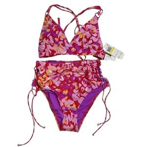 Salt + Cove Flutter By X-Back Bikini Top & High Waist Bottoms Vermillion M New